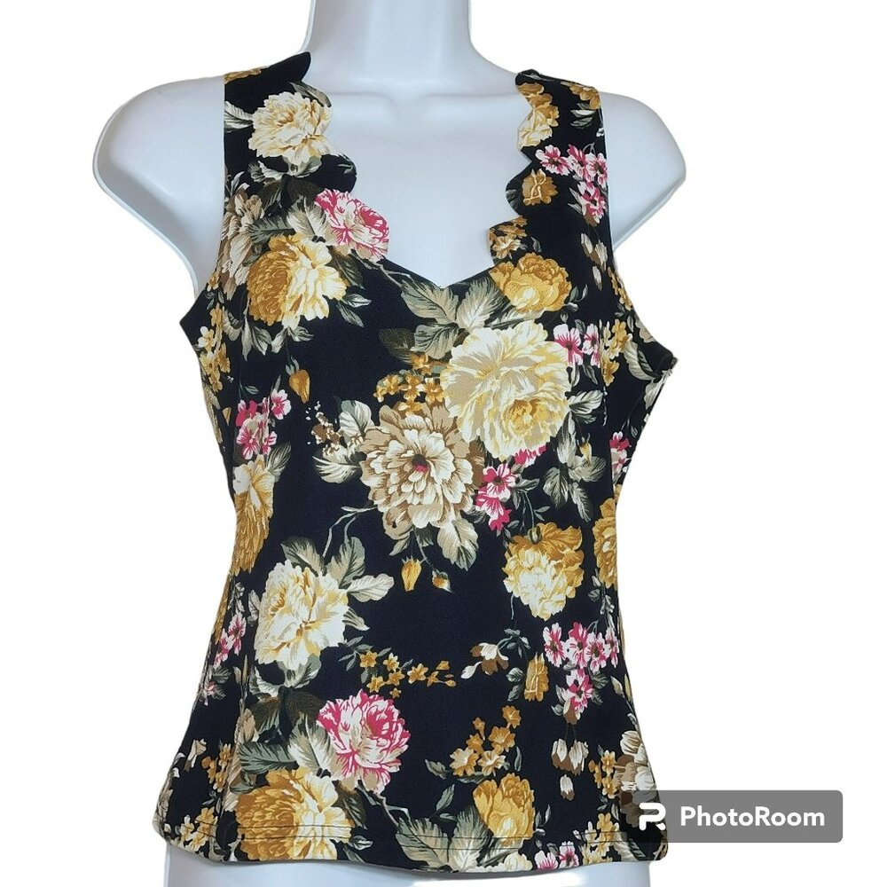 Shein Camisole Tank Top, Women S/M (6), Black w/Bold Colorful Floral Print, EUC